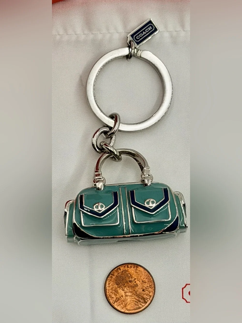 RARE Vintage Coach 3D Enamel Pocket Satchel Bag Charm - Teal/Navy NWOT
